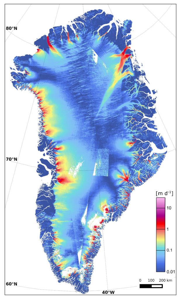 Contains modified Copernicus Sentinel data (2015)/ENVEO/ESA CCI/FFG Description This map of Greenland ice sheet velocity was created using data from Sentinel-1A in January–March 2015 and complemented by the routine 12-day repeat acquisitions of the margins since June 2015. About 1200 radar scenes from the satellite’s wide-swath mode were used to produce the map, which clearly shows dynamic glacier outlets around the Greenland coast. In particular, the Zachariae Isstrom glacier in the northeast is changing rapidly, and recently reported as having become unmoored from a stabilising sill and now crumbling into the North Atlantic Ocean. (Colour scale in metres per day).