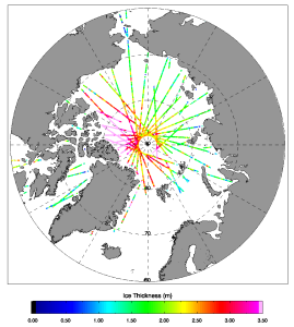 Arctic sea ice thickness in April 2015, as recorded by CryoSat. 
