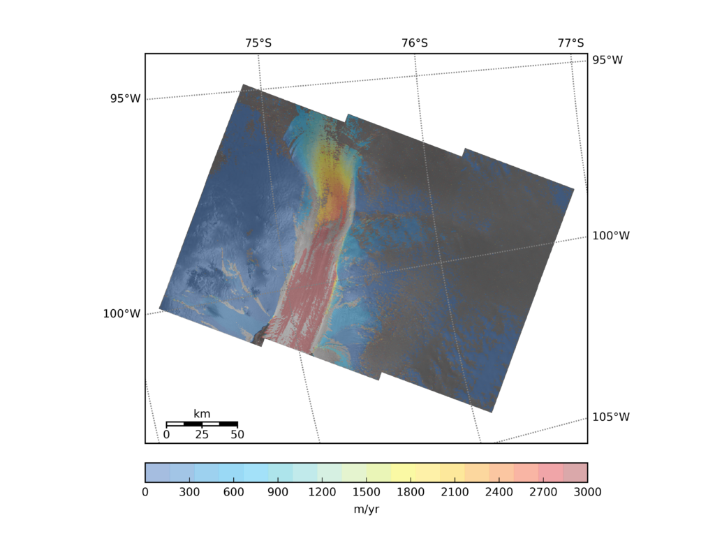 Ice velocity map of Pine Island Glacier from Sentinel-1. Credit:Hogg/CPOM
