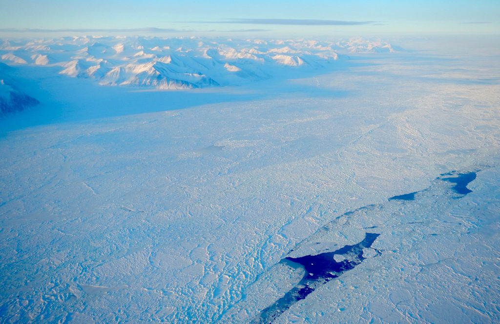 A lead (crack) in the sea ice in the Lincoln Sea, north of Greenland, March 2014 (lower right). Leads can be used to estimate sea level in the ice-covered portions of the Arctic Ocean.